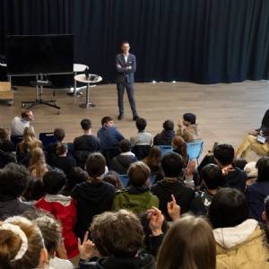 Dan McGolpin, Director of BBC iPlayer and Channels, gives a talk to Stephen Perse Cambridge Sixth Form students